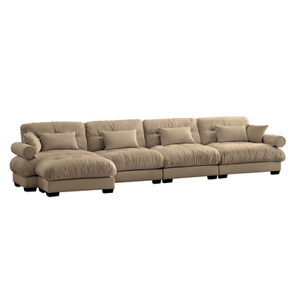 Modern Sectional Sofa With Ottoman, Round Bolster Armrests, Waist And Throw Pillows Home Essentials