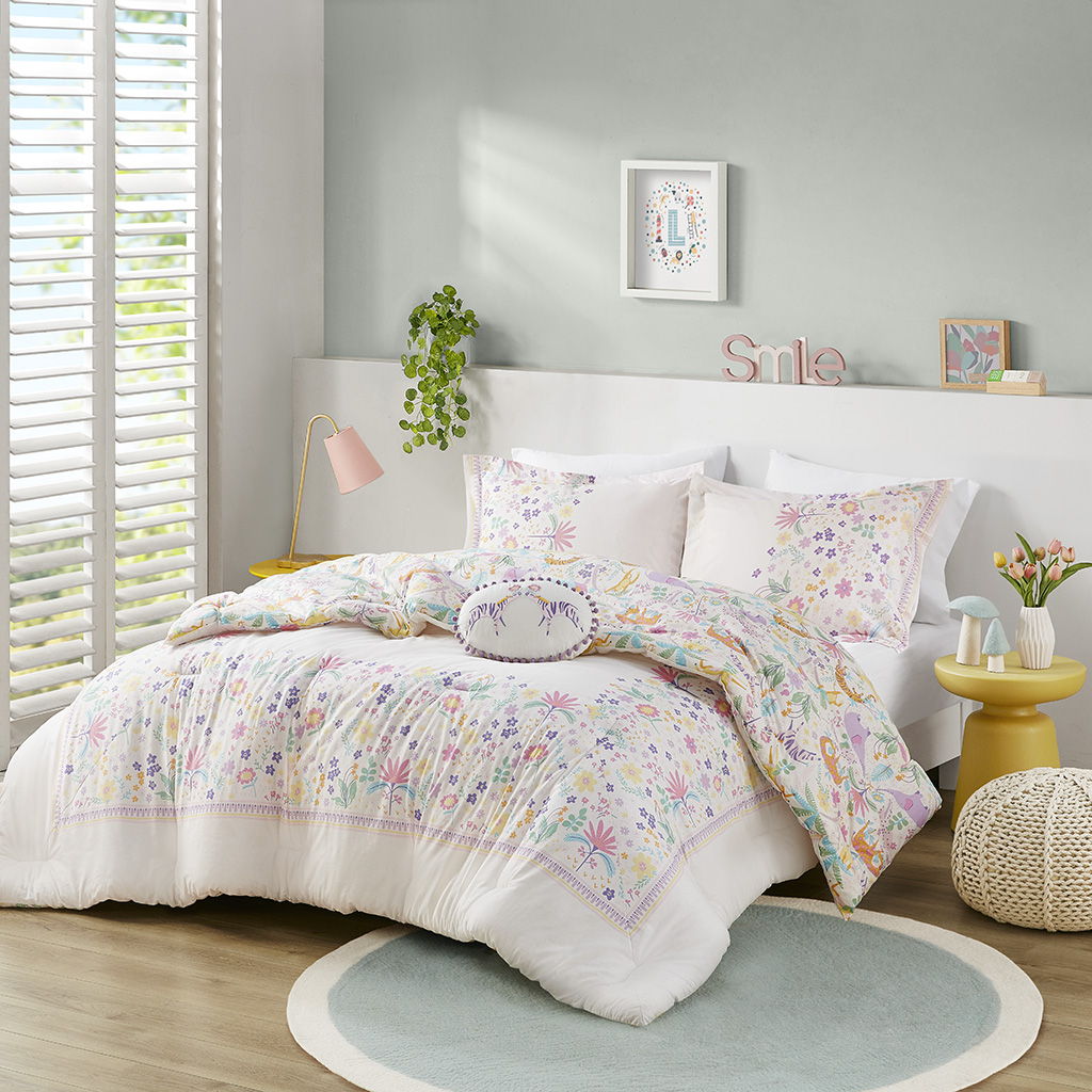 Lulu - Floral Reversible Cotton Twin Comforter Set With Throw Pillow - Purple Urban Habitat Kids