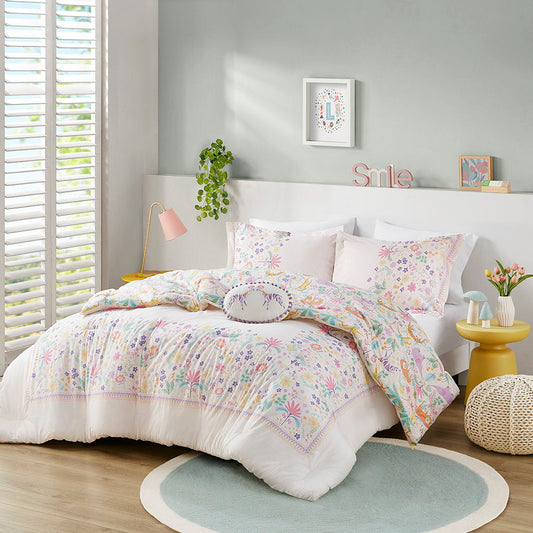 Lulu - Floral Reversible Cotton Twin Comforter Set With Throw Pillow - Purple Urban Habitat Kids