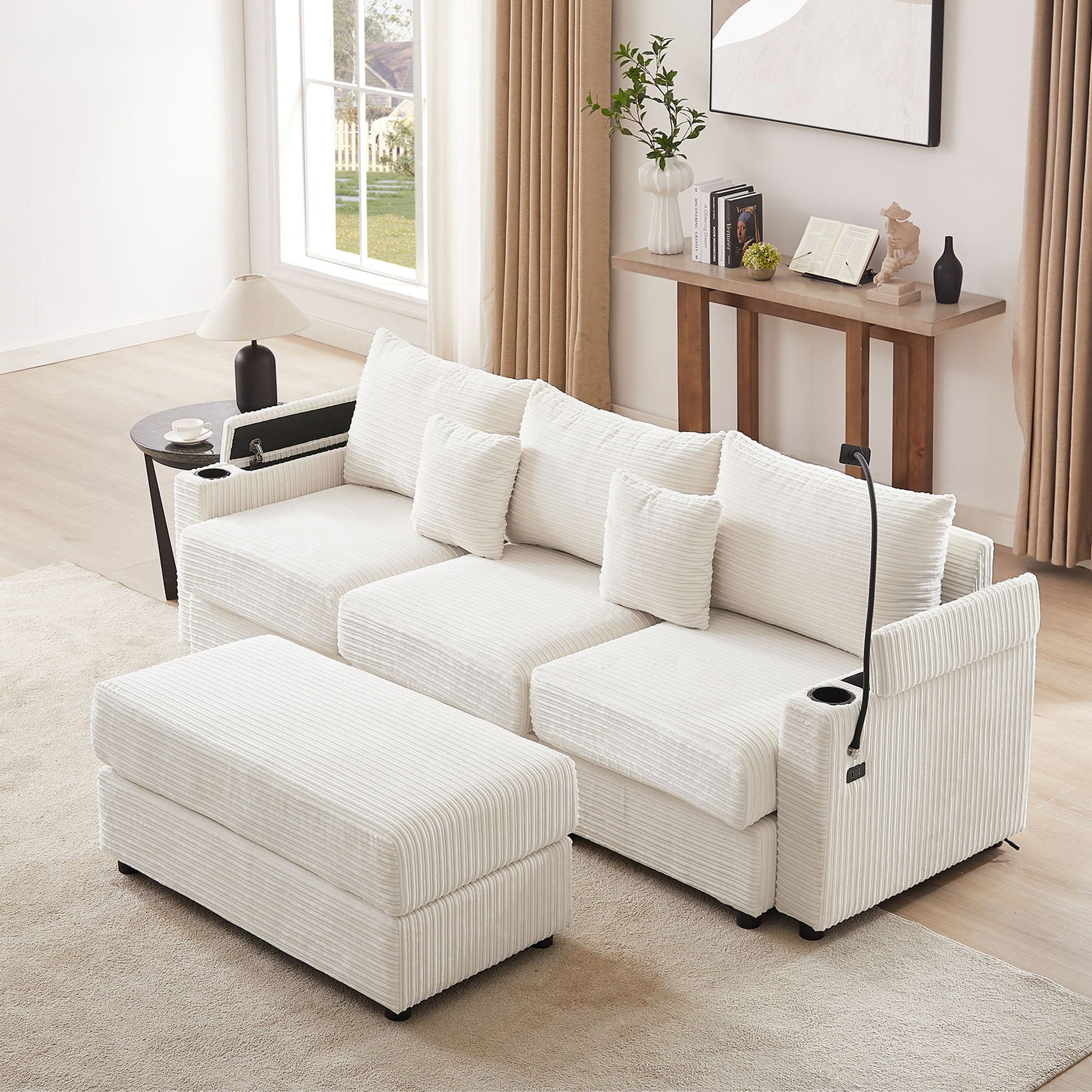 Modern Style Loveseat Sofa Sectional Sofa Couch With Storage Space, A Movable Ottoman, Two USB Ports, Two Cup Holders, A Phone Holder For Living Room Hearth and Haven