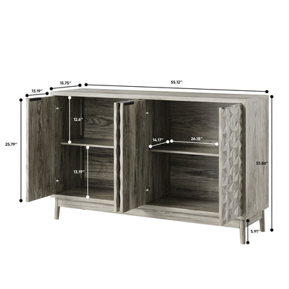 Modern Style Buffet Cabinet, Sideboard Buffet Cabinet With Storage, Storage Cabinet With 4 Diamond Shaped Relief Doors For Living Room, Dining Room, Entryway, Hallway, Kitchen - Gray - Gray Home Essentials