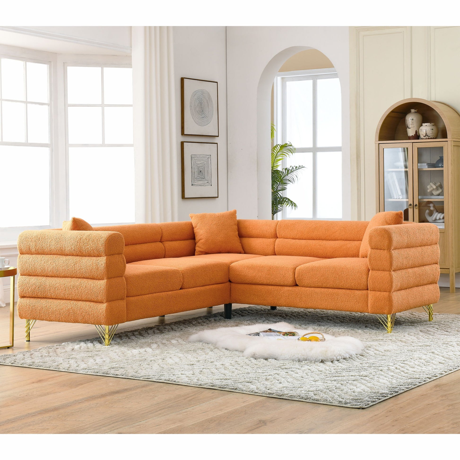 Oversized L - Shaped Corner Sofa, 5 Seater Sectional With 3 Cushions, Living Room Furniture - Orange Home Essentials