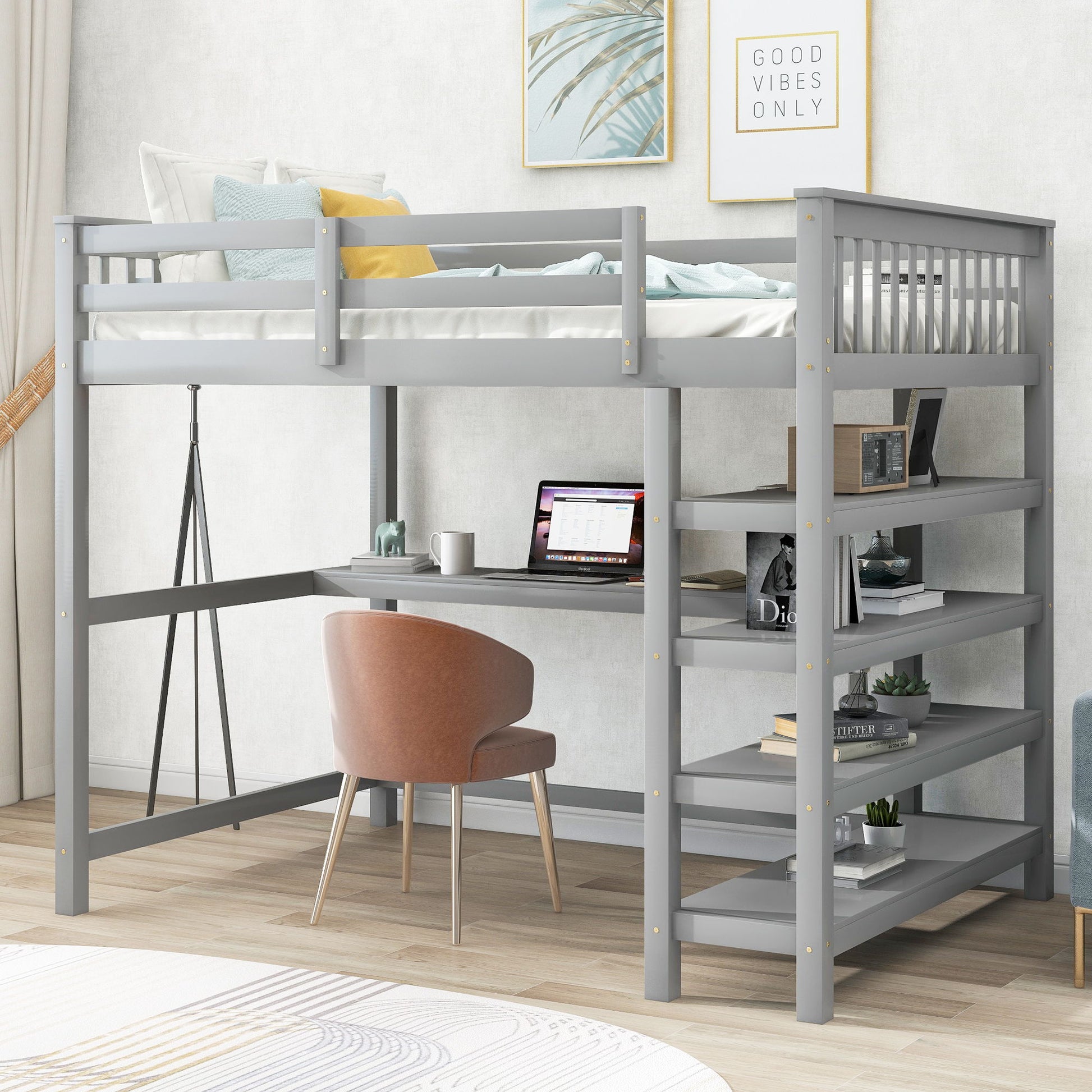Loft Bed With Storage Shelves And Under Bed Desk Hearth and Haven
