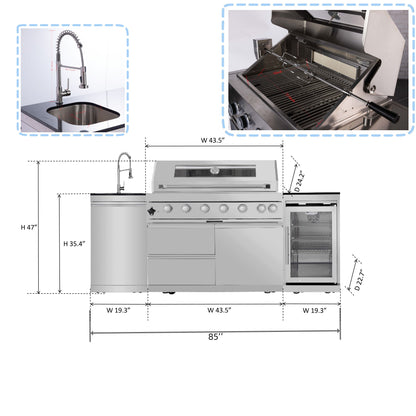 6 Burner 85, 000 Btu Deluxe Gas Outdoor Kitchen Island Grill With Wine Cooler Refrigerator, Rotisserie, Storage Cabinets & Drawers - Silver Daily Nest