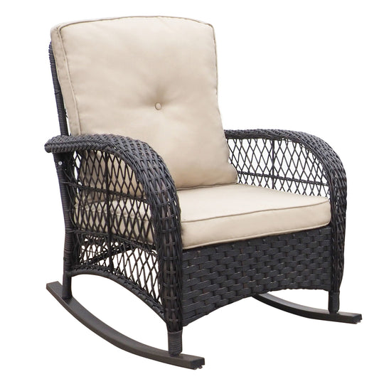 Garden Rocking Chair, Outdoor Rattan Rocker Chair With All-Weather Hand-Woven Resin Wicker, Patio Relaxing Lounge Furniture With Powder-Coated Metal Frame For Backyard, Porch - Brown / Beige Home Essentials