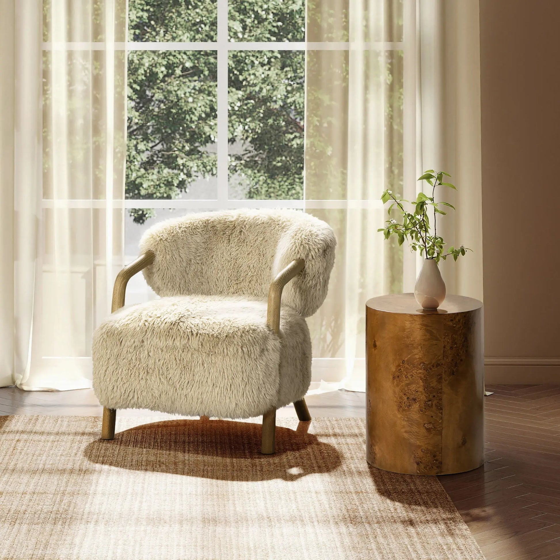 Becker - Rustic Oak Sheepskin Upholstered Accent Arm Chair - Taupe Beige Jennifer Taylor Home