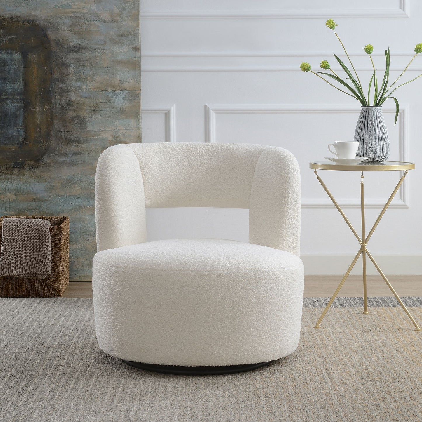 Swivel Comfy Round Barrel Chair With Soft Teddy Fabric For Living Room Home Essentials