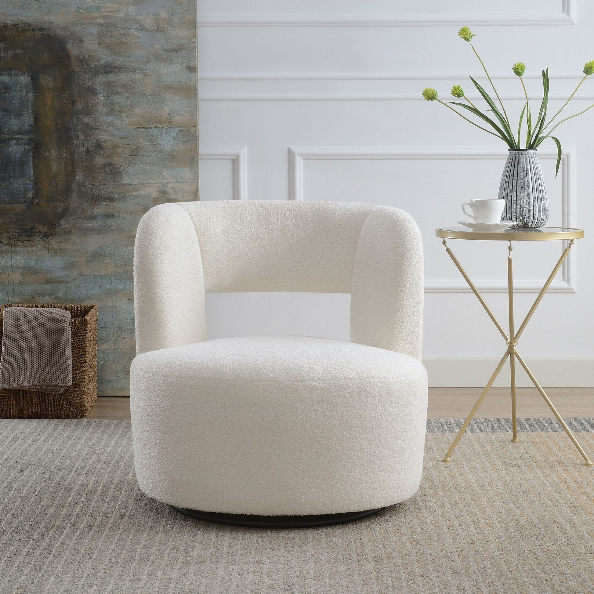 Swivel Comfy Round Barrel Chair With Soft Teddy Fabric For Living Room Home Essentials