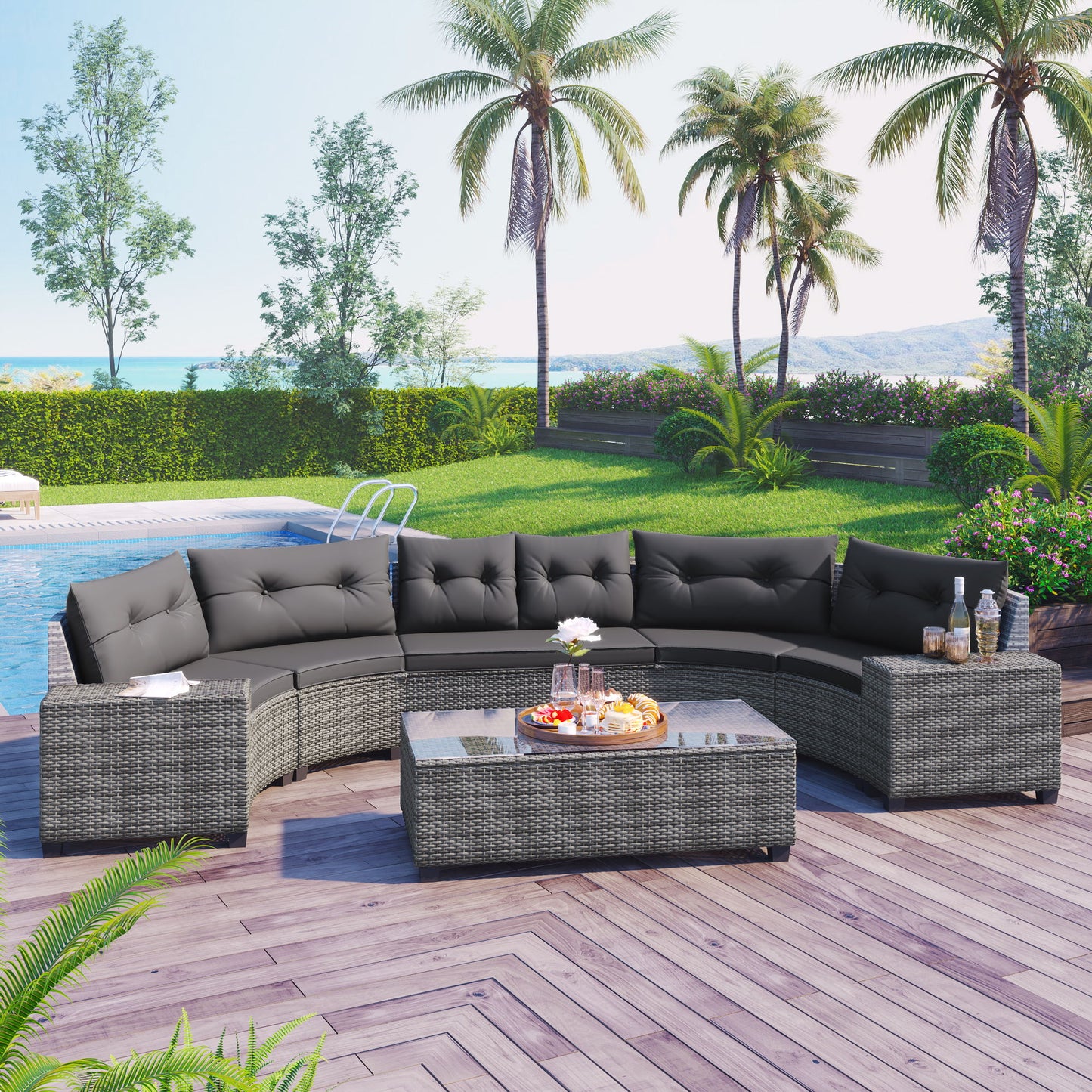 8 Pieces Outdoor Wicker Round Sofa Set, Half-Moon Sectional Sets All Weather, Curved Sofa Set With Rectangular Coffee Table, PE Rattan Water-Resistant And UV Protected, Movable Cushion Hearth and Haven