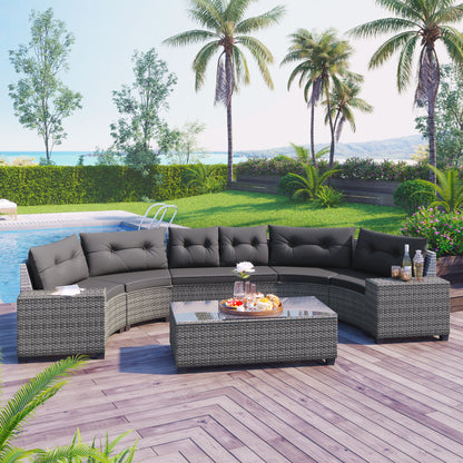 8 Pieces Outdoor Wicker Round Sofa Set, Half-Moon Sectional Sets All Weather, Curved Sofa Set With Rectangular Coffee Table, PE Rattan Water-Resistant And UV Protected, Movable Cushion Hearth and Haven