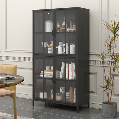 Premium Metal Storage Cabinet With Tempered Glass Doors, Adjustable Shelves, And Anti Tipping Device - Black Home Essentials