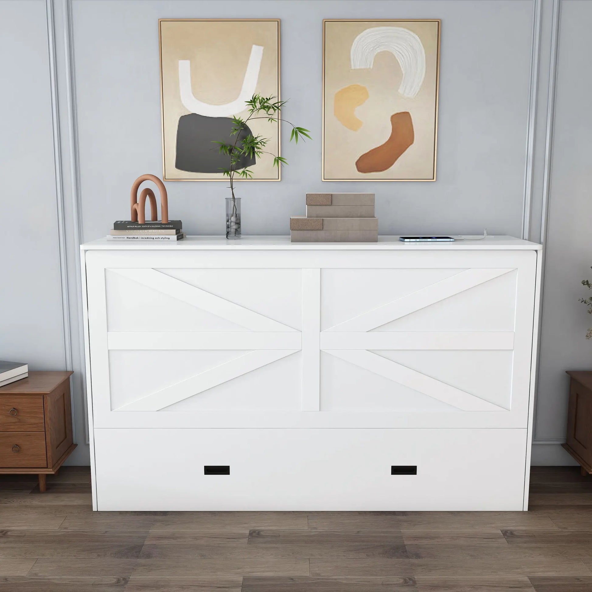 Murphy Bed With Storage Drawers And Charging Cabinet, Foldable Panels, Swivel Wheels Home Essentials