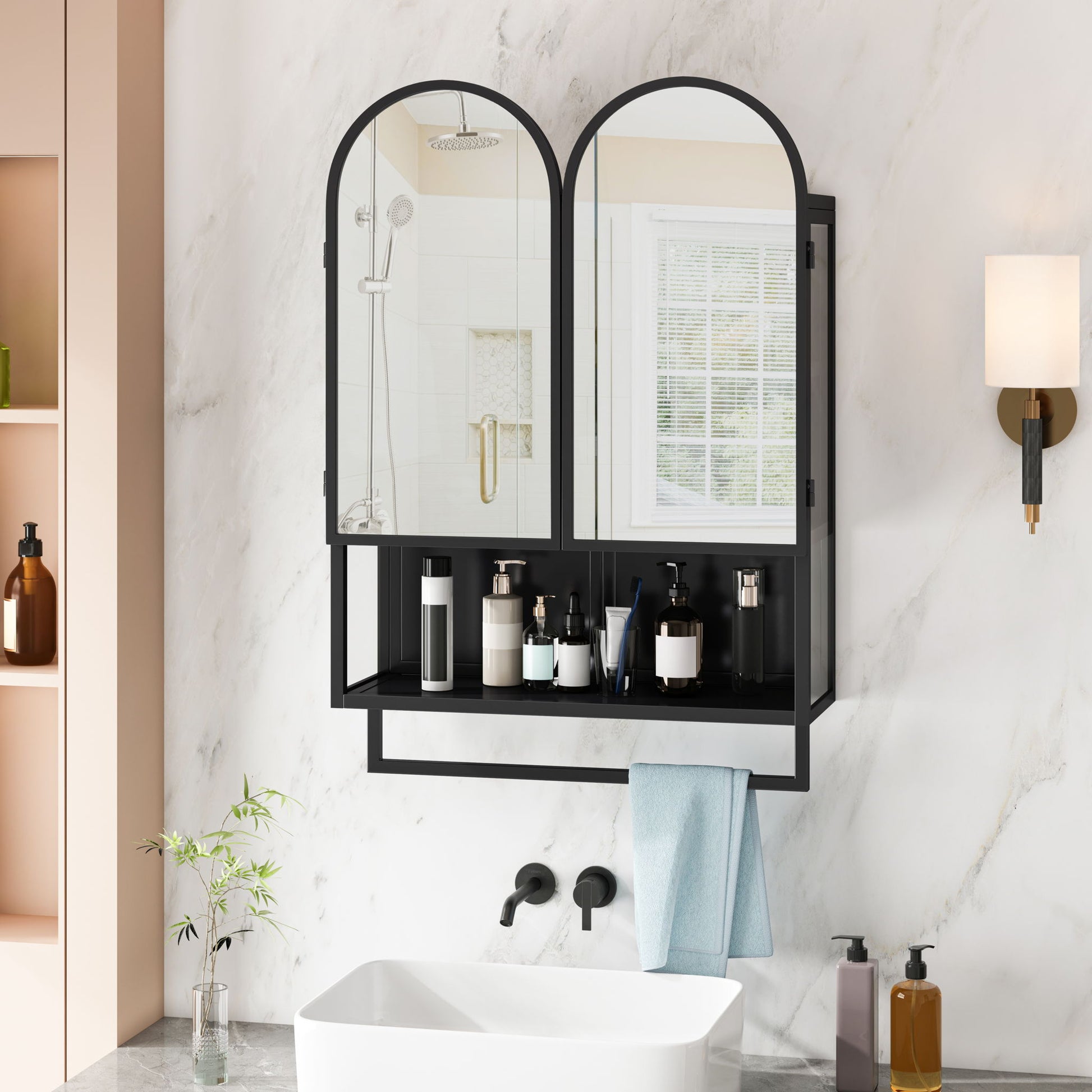 Double Arched Mirror Wall Cabinet With 2 Doors, Featuring Adjustable Shelves And Towel Rack Daily Nest