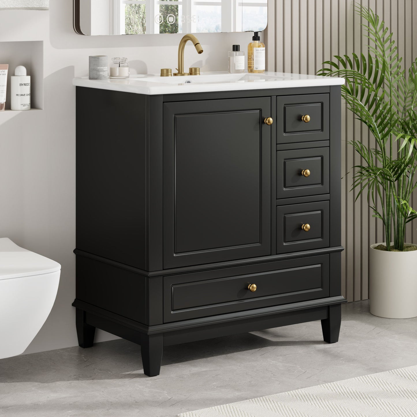30" Bathroom Vanity With Sink, 1 Door With Shelf And 3 Drawers, Soft Close Door - Black Noble House