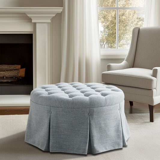 Terri - Skirted Tufted 32" Round Ottoman - Light Blue Martha Stewart