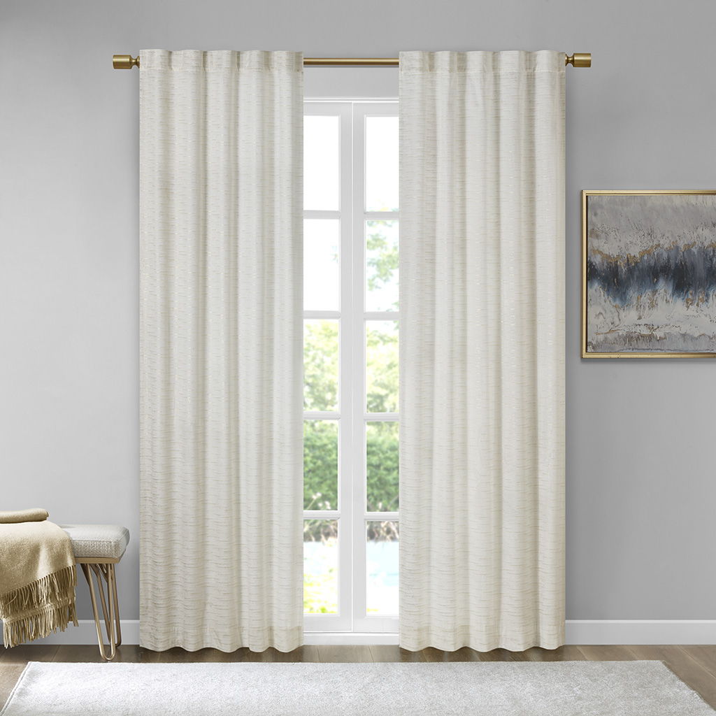 Colt - Room Darkening Metallic Printed Poly Fabric Rod Pocket/Back Tab Window Panel Pair - White/Gold 510 Design