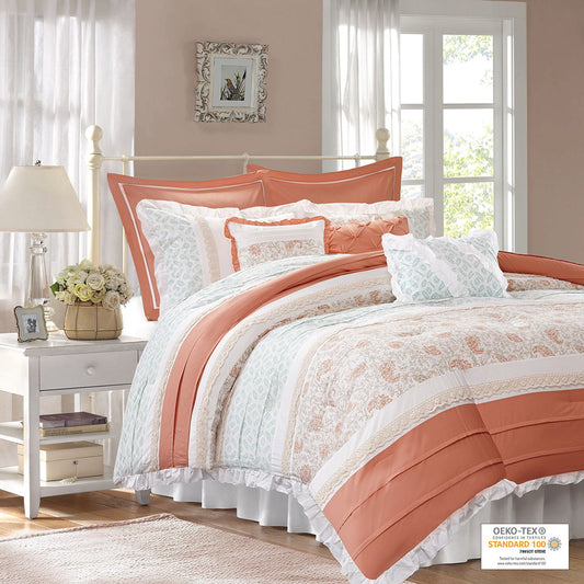 Dawn - Queen - 9 Piece Comforter Set - Coral