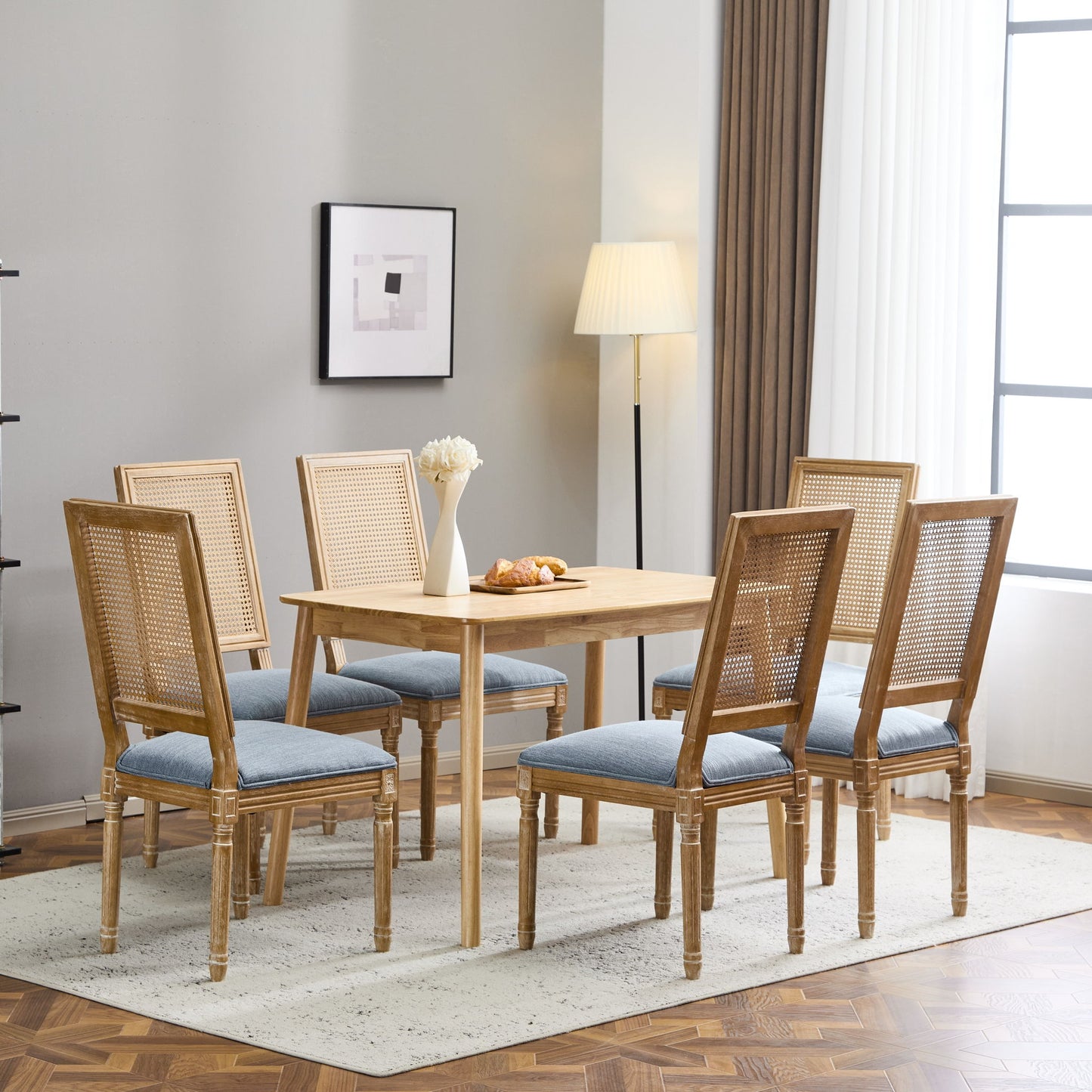 French Country Dining Chair With Rectangular Cane Backrest And Smooth Upholstered Seating Noble House