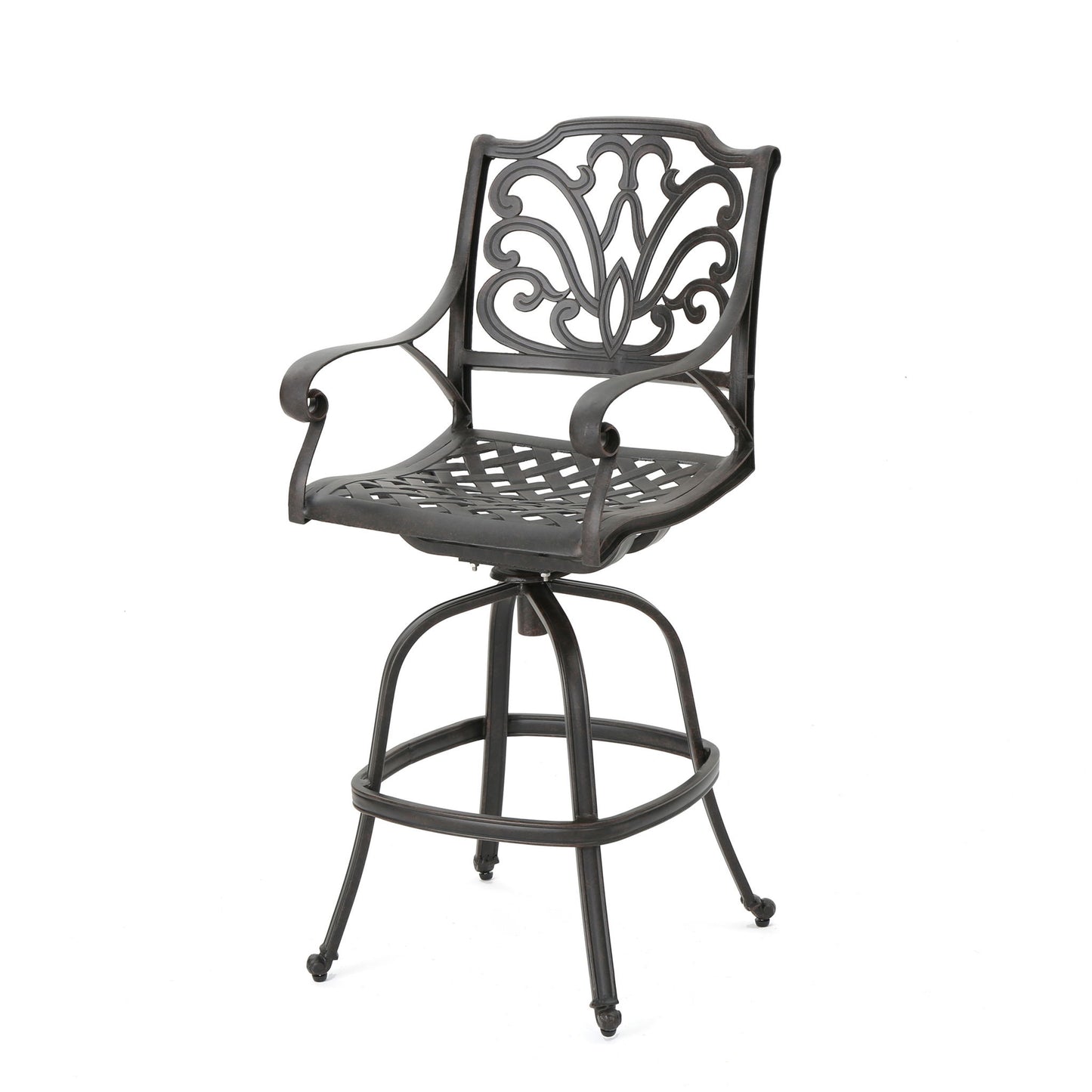 Outdoor Cast Aluminum Swivel Bar Stool With Scrolled Arms - Bronze Noble House