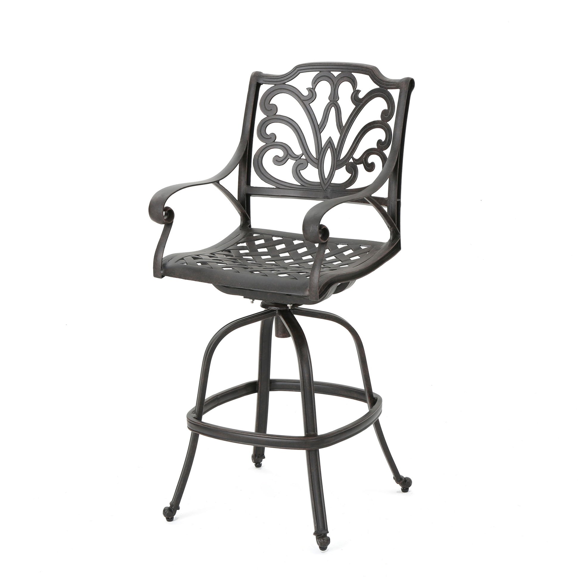 Outdoor Cast Aluminum Swivel Bar Stool With Scrolled Arms - Bronze Noble House