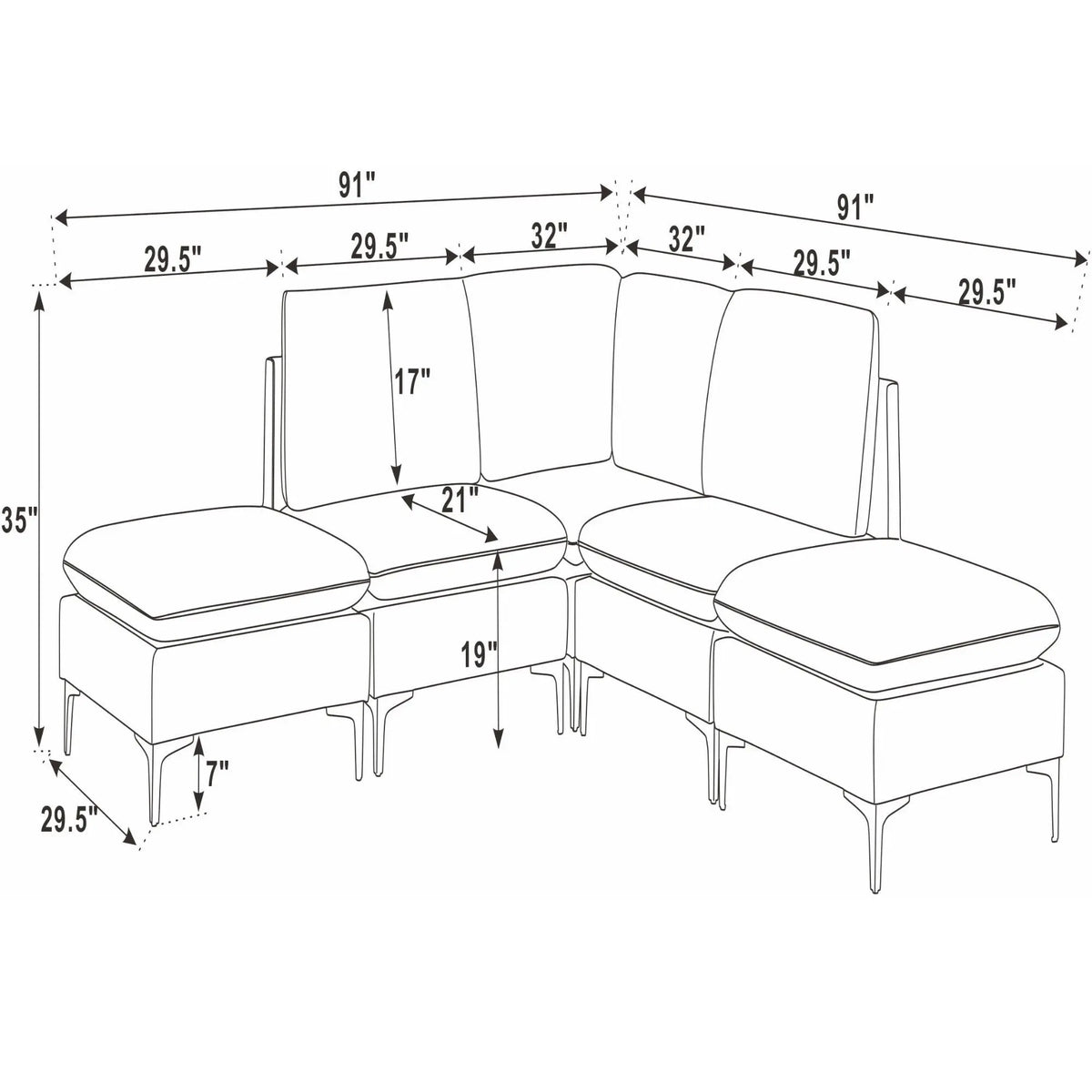 Upholstered Modular Sectional With Tall Legs, Medium Firm Seat Home Essentials
