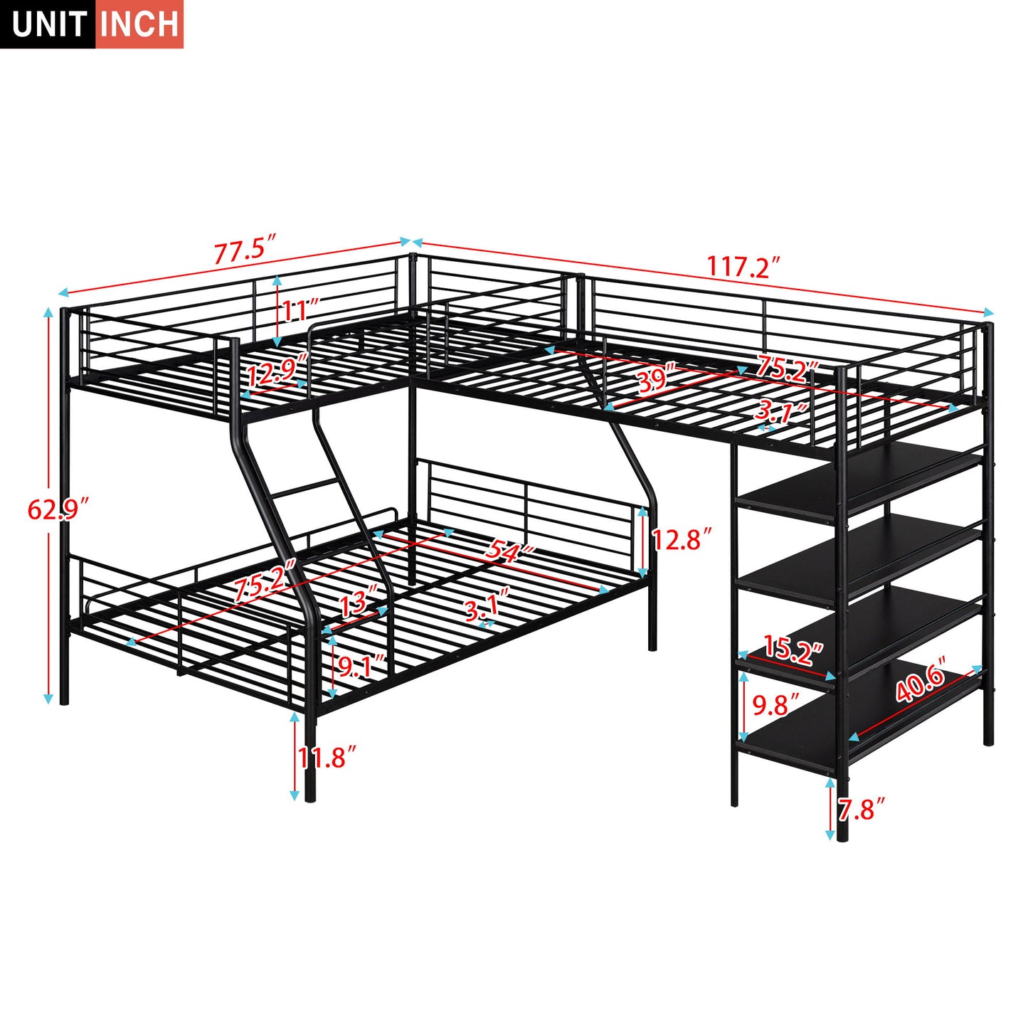 L-Shaped Twin Over Full Bunk Bed And Twin Loft Bed With 4 Built In Shelves - Black Hearth and Haven