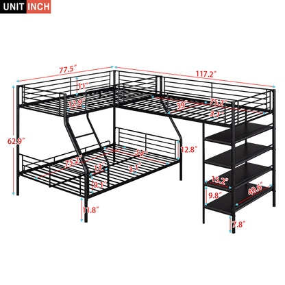 L-Shaped Twin Over Full Bunk Bed And Twin Loft Bed With 4 Built In Shelves - Black Hearth and Haven