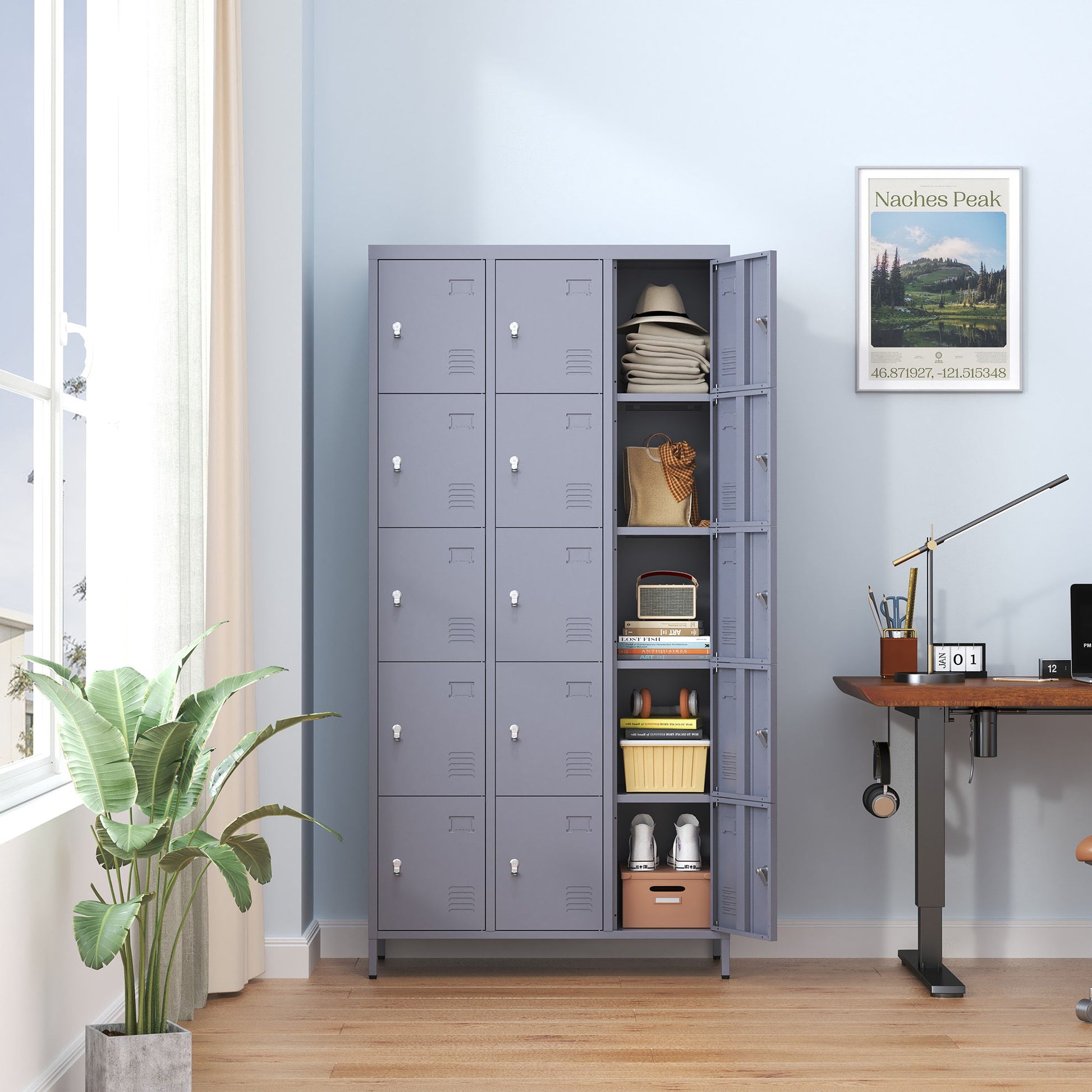 15 Door Lockers With Lock For Storage In Home, Gym, Office, And School - Gray Home Essentials