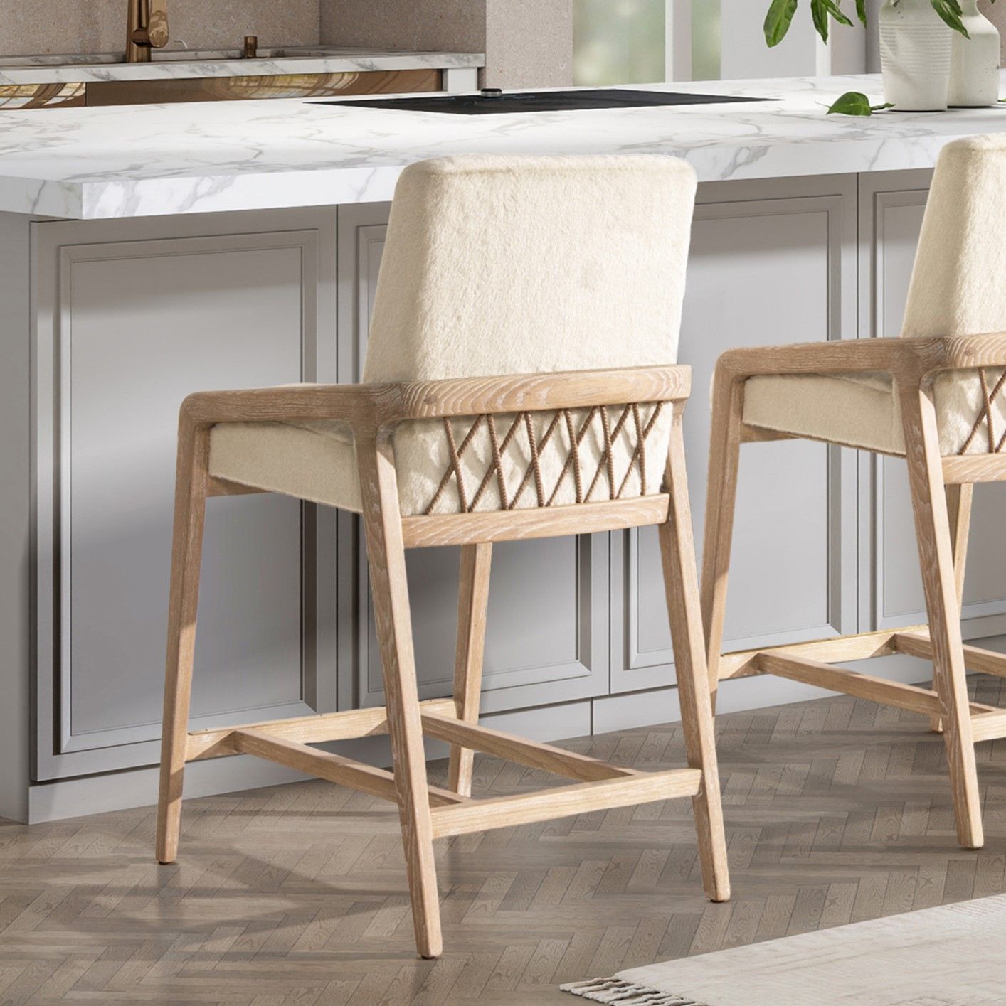 Arizona - Solid Ash Upholstered Counter Stool With Rope Detail - Creme De La Creme White Jennifer Taylor Home