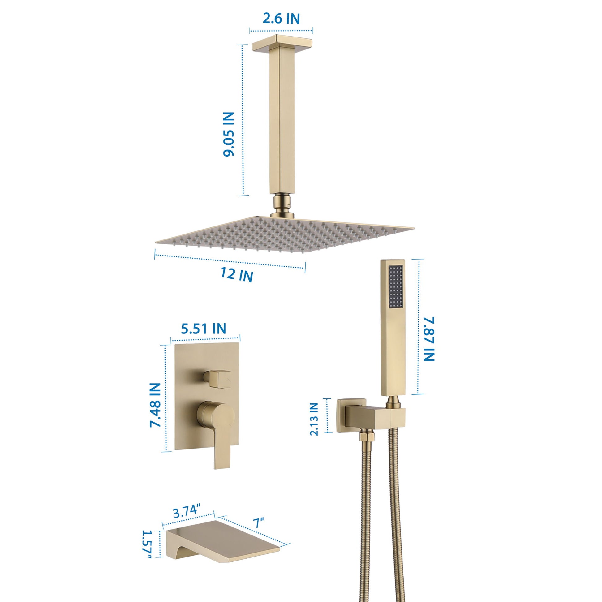 Contemporary Shower System With 12" Rainfall Head And Handheld Spray, Wall Mounted Daily Nest
