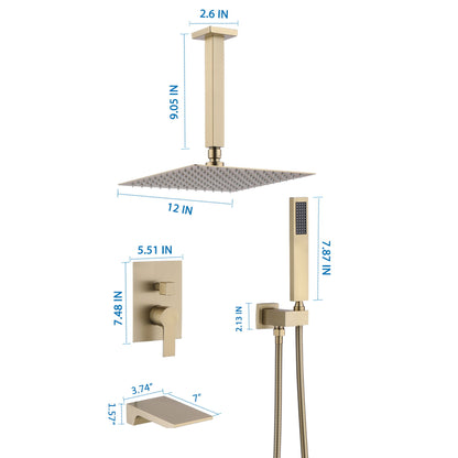 Contemporary Shower System With 12" Rainfall Head And Handheld Spray, Wall Mounted Daily Nest