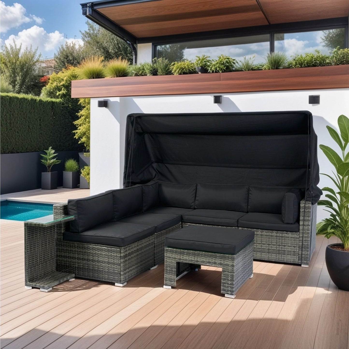 7 Piece Patio Furniture Set With Retractable Canopy Wicker Rattan Sectional Sofa Set Patio Furniture With Washable Cushions For Lawn, Garden, Backyard, Poolside Wicker And Cushion - Gray / Black