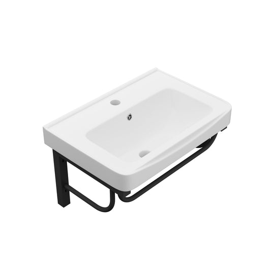 Wall Mounted Rectangular Bathroom Sink With 304 Stainless Steel Towel Bar & Overflow - White Daily Nest