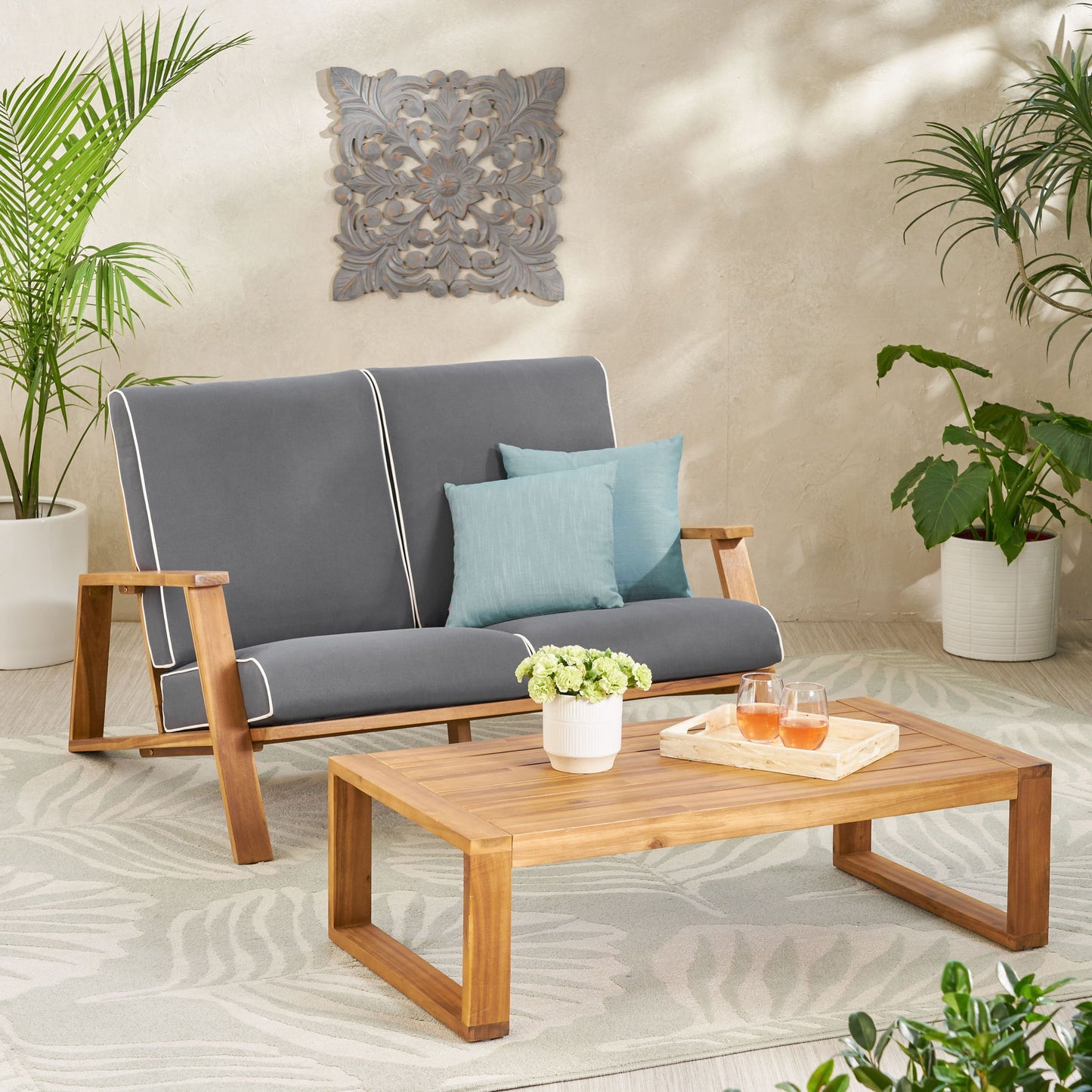 Paloma - Contemporary Loveseat And Coffee Table Set With Weather Resistant Cushions Noble House