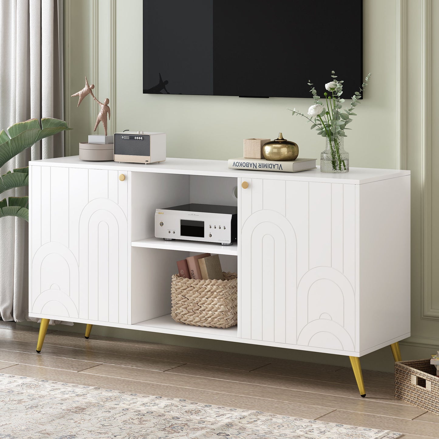 Modern TV Stand With Adjustable Shelf, Handles And Anti-Tip Device Hearth and Haven