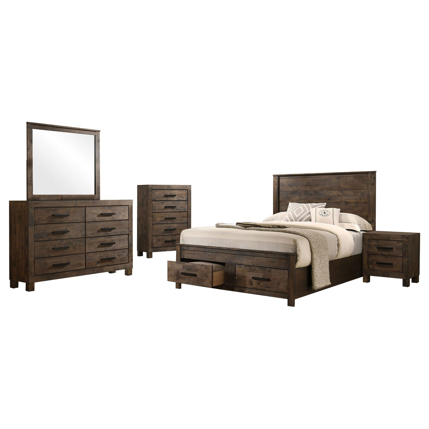 Greely - 5 Piece King Storage Bedroom Set Includes Bed, Nightstand, Dresser, Mirror & Chest - Rustic Brown Furniture Max