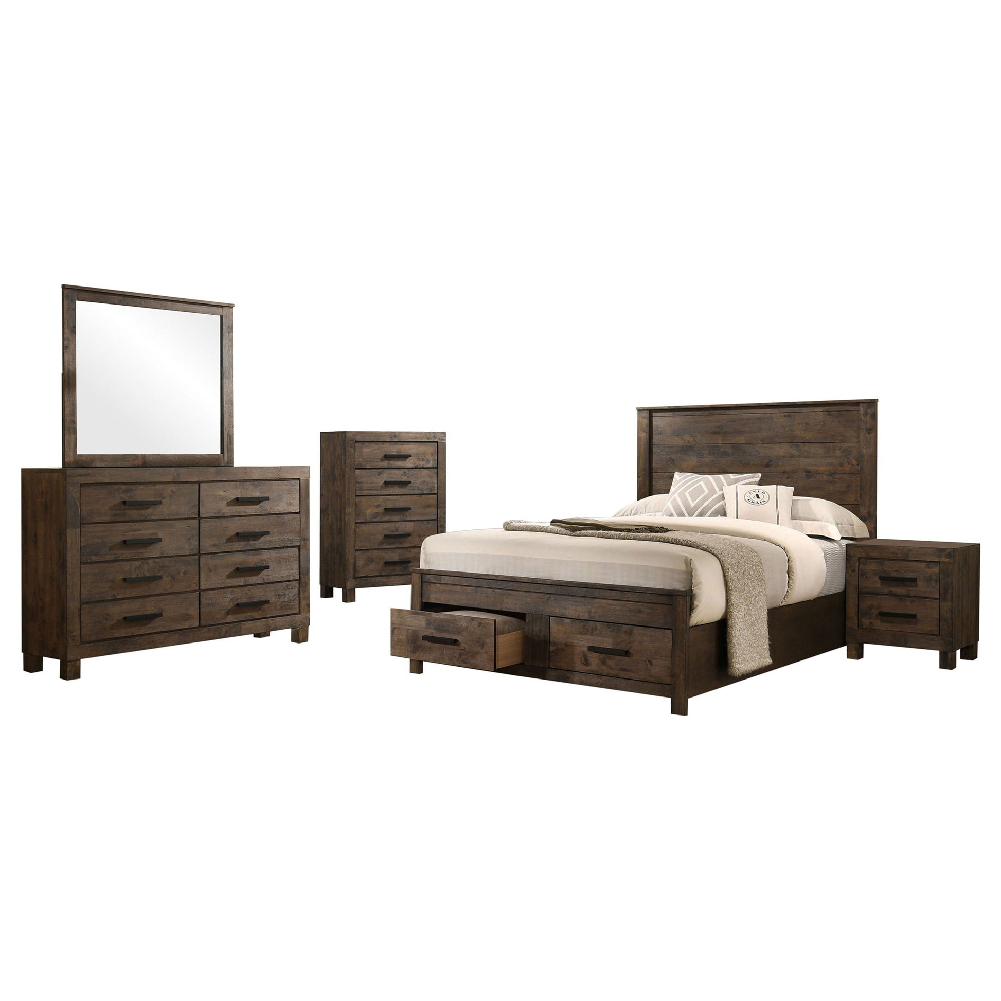 Greely - 5 Piece King Storage Bedroom Set Includes Bed, Nightstand, Dresser, Mirror & Chest - Rustic Brown Furniture Max