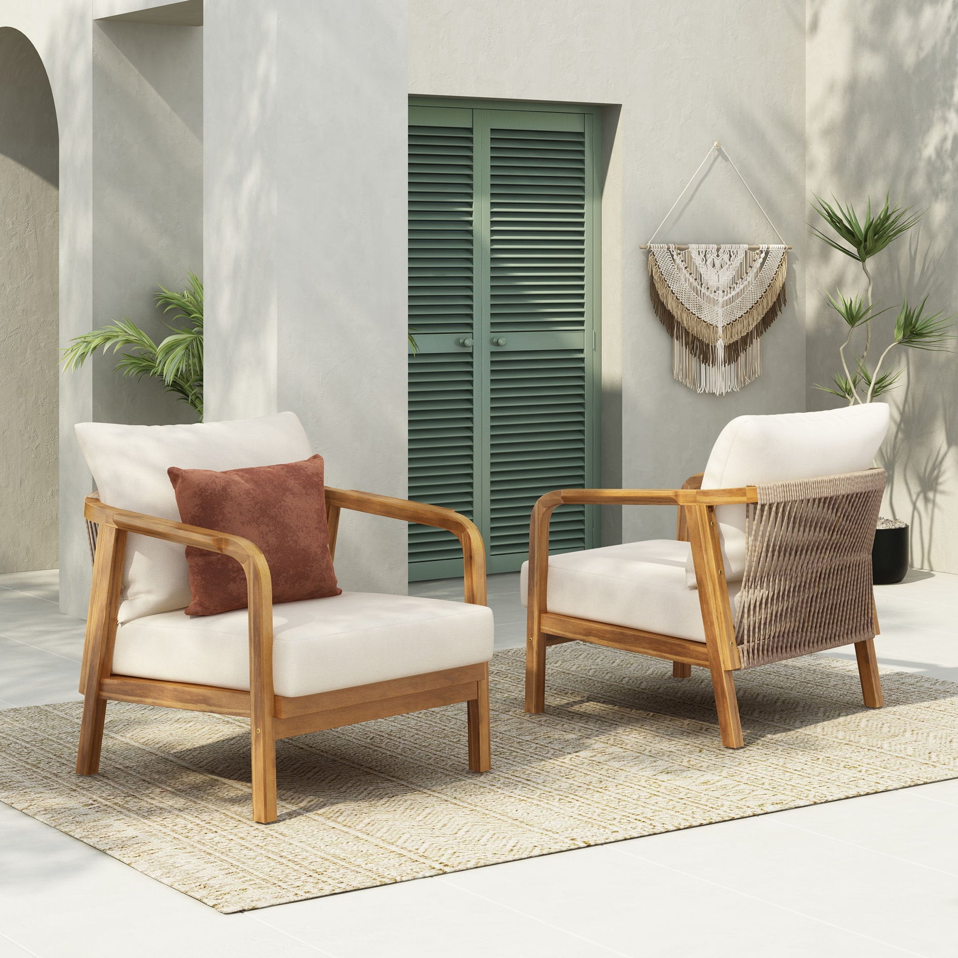 Outdoor Lounge Chair With Woven Backrest, Solid Wood Frame, Comfortable Cushions Noble House