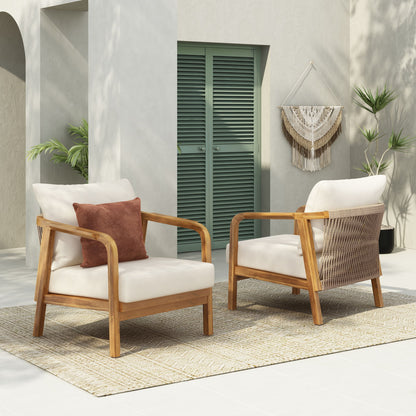 Outdoor Lounge Chair With Woven Backrest, Solid Wood Frame, Comfortable Cushions Noble House