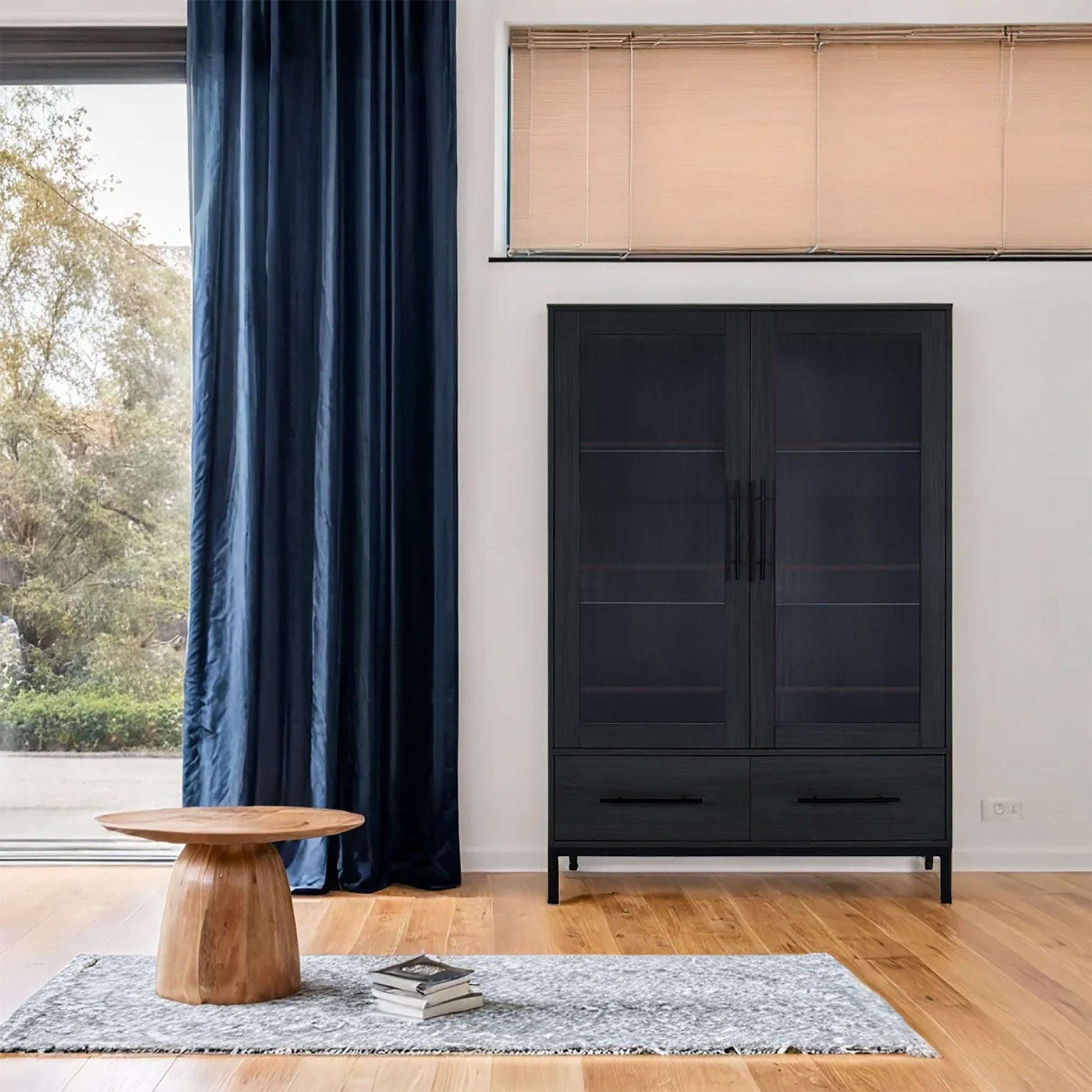 Modern Style Tall Display Cabinet With LED Lighting, Tempered Glass Door, 2 Drawers Hearth and Haven