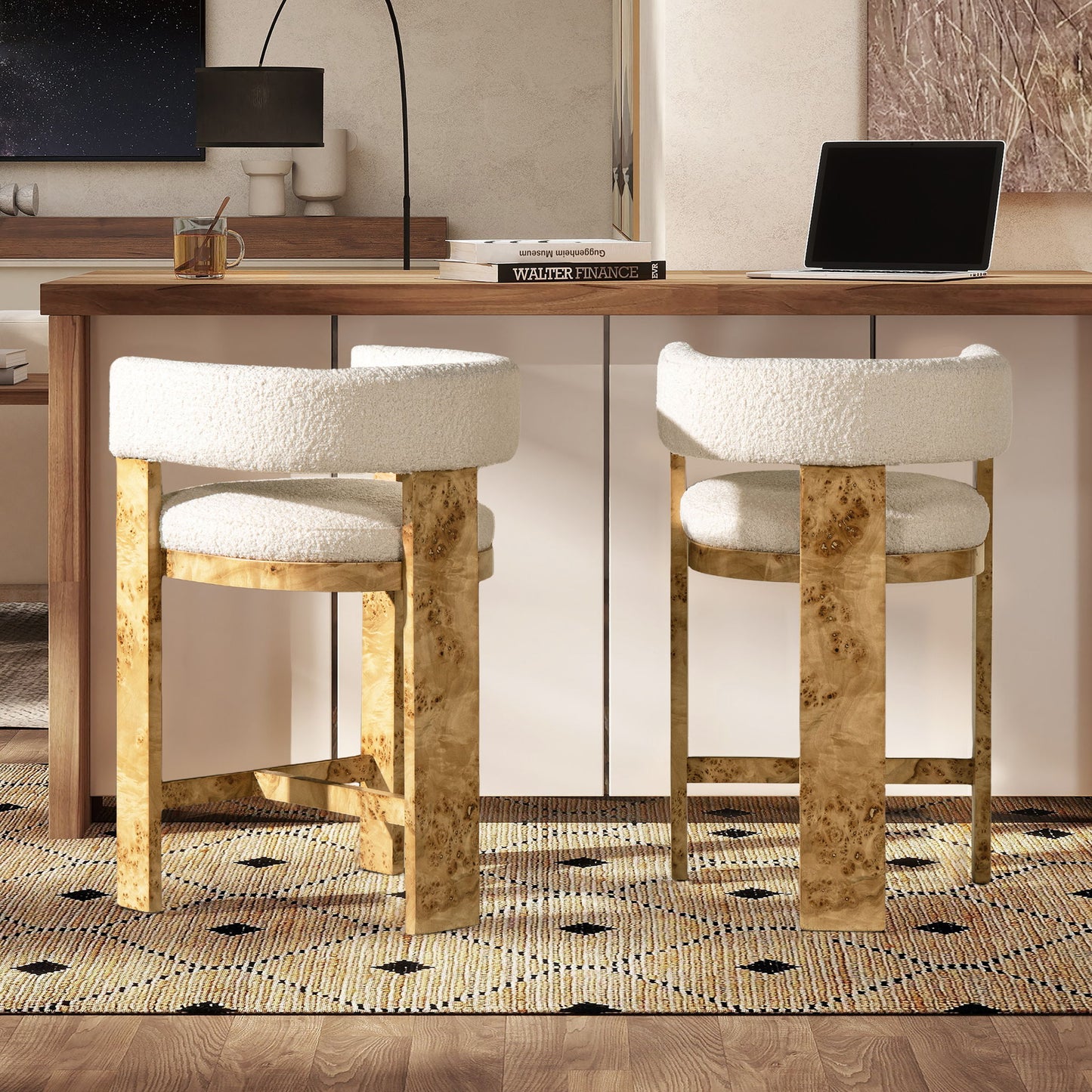 Vavona - Burl Upholstered Barrel Back Counter Height Bar Stool - Polar Off White Jennifer Taylor Home