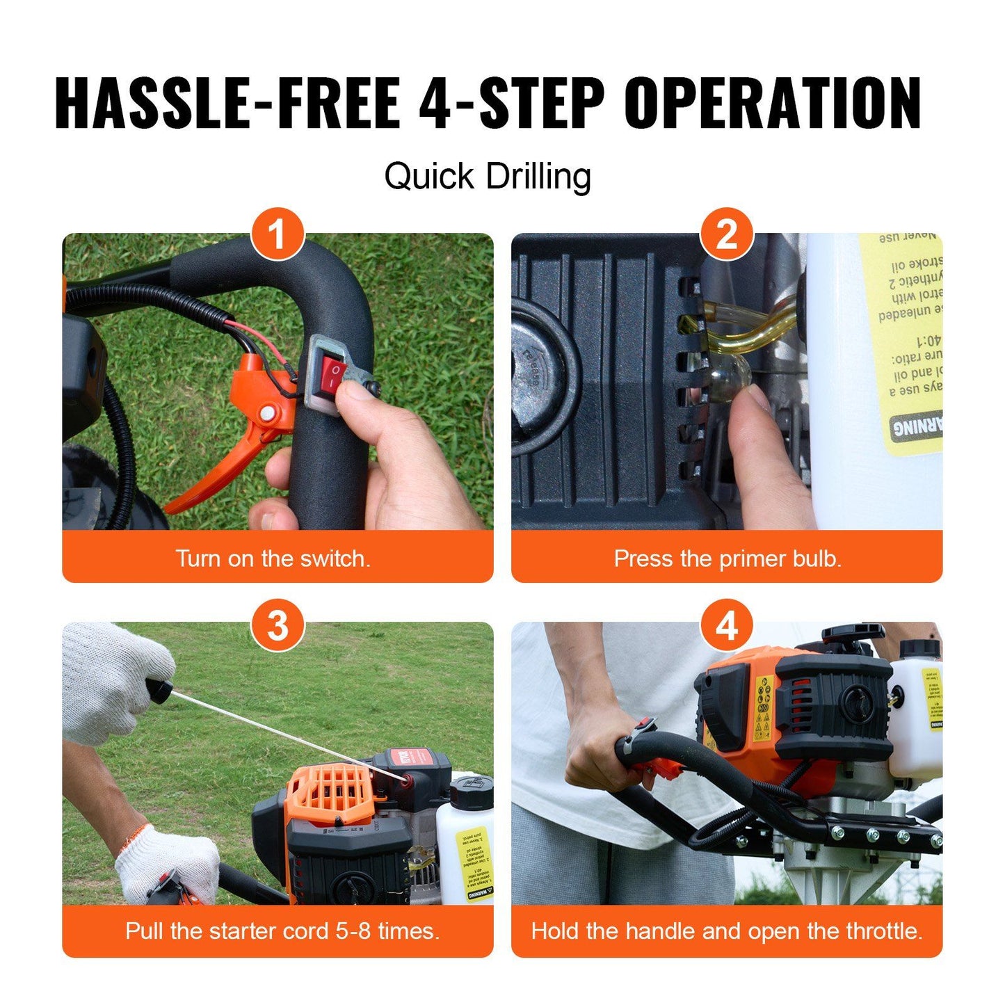 Vevor Gas Post Hole Digger 52Cc 1450W With 8 Drill Bits & Extension Rod Aluminium Alloy - Black Daily Nest