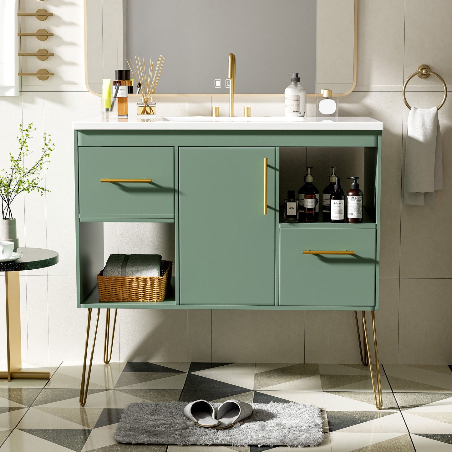 Bathroom Vanity With Resin Sink Combo Set, Modern Freestanding Single Bathroom Cabinet With 2 Drawers & 2 Storage Compartments, Storage Cabinet For Bathroom, Frame Vanity Set - Green