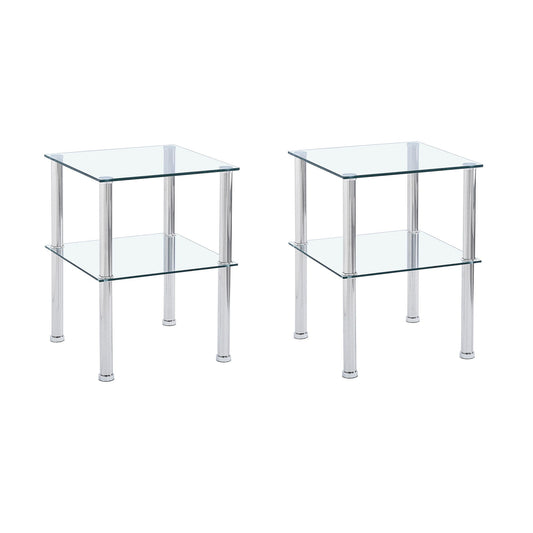 Modern 2 Piece Side Table With Storage Shelf, Tempered Glass, Space Saving Design - Clear Home Essentials