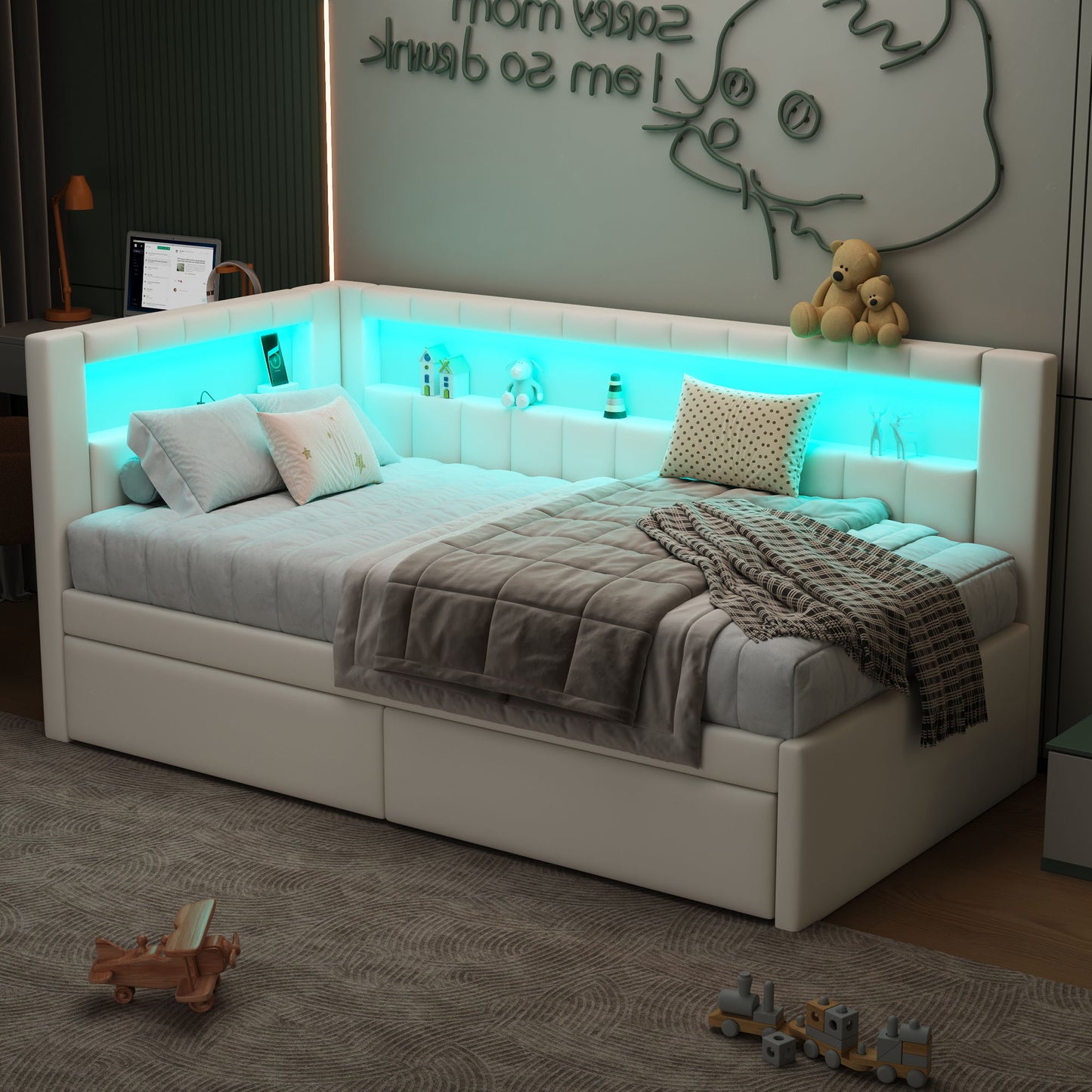Upholstered Platform Bed With USB Ports And LED Belt Dreamland