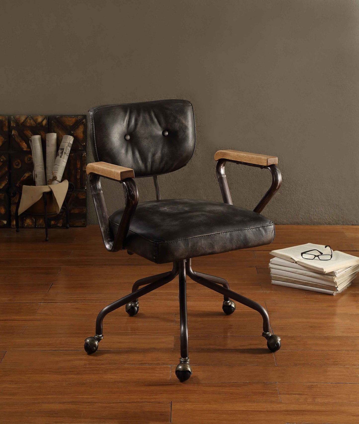 Hallie - Top Grain Leather Office Chair - Vintage Black Acme