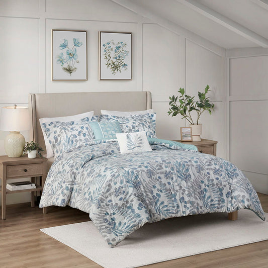 Bonnie - 5 Piece Botanical Floral Seersucker Comforter Set - Light Blue