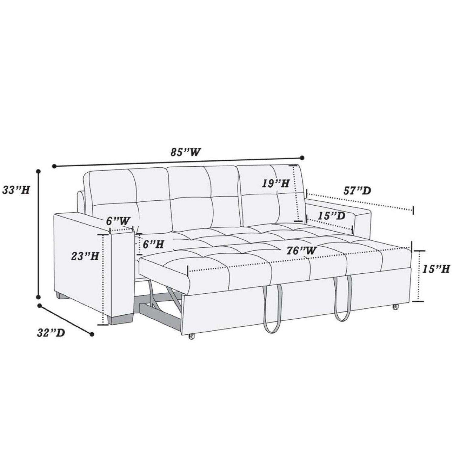 Sectional Sofa Pull Out Bed Upholstered Tufted Convertible Couch - Black Home Essentials