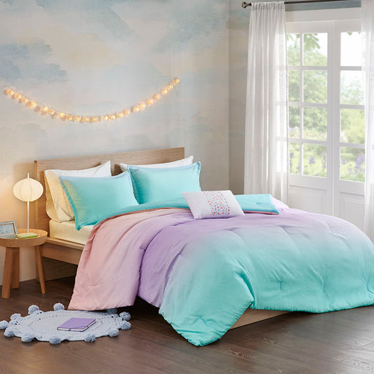 Glimmer - Twin Metallic Glitter Printed Reversible Comforter Set - Aqua