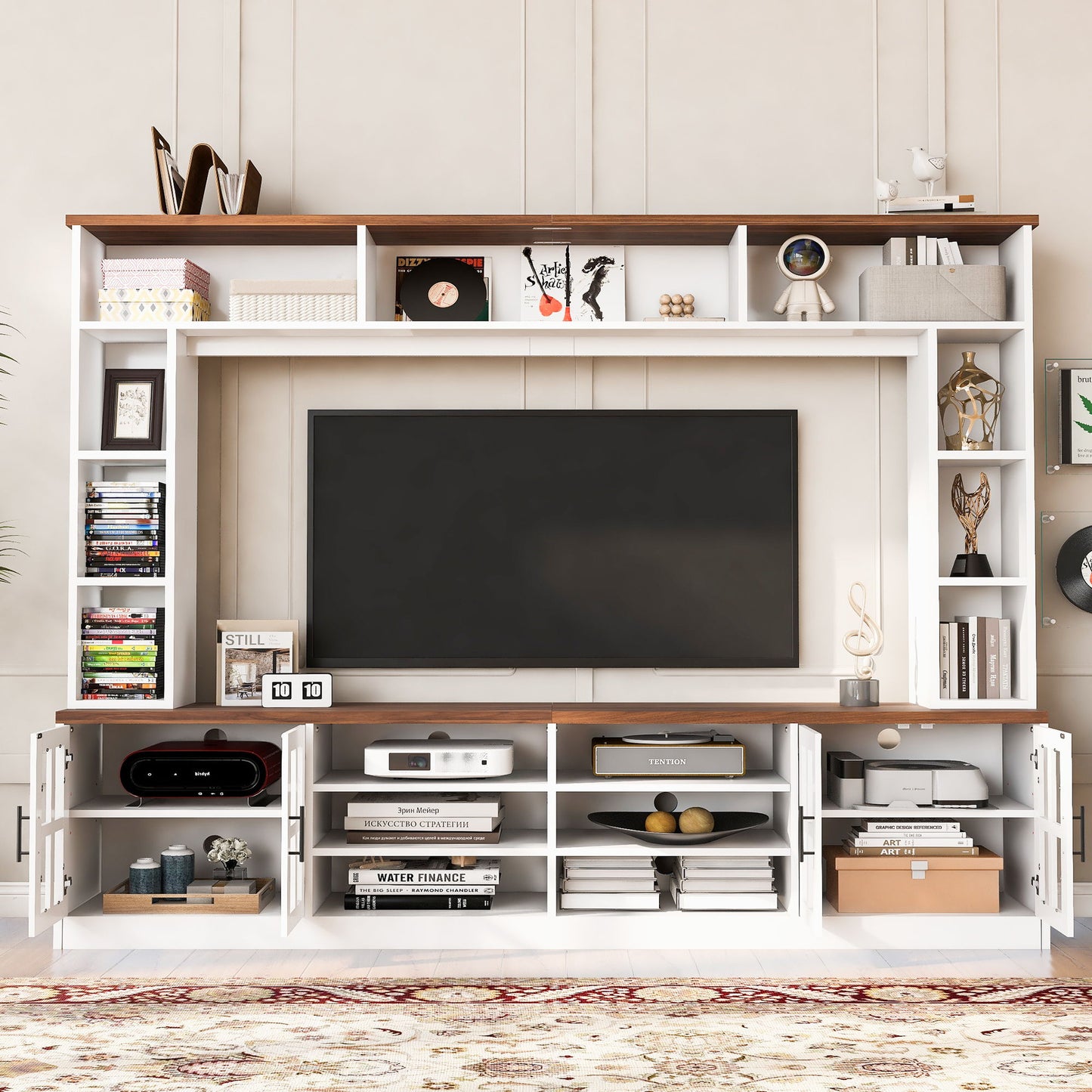 Wall Unit Entertainment Center With Bookshelves For TVs Up To 80", Tempered Glass Doors And Adjustable Shelves Hearth and Haven